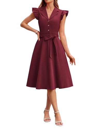 GRACE KARIN Womens Summer Midi Dress 2026 Flutter Short Sleeve Business Casual Dress Button Down Work Dresses with Pockets Wine Red XL - Image 1