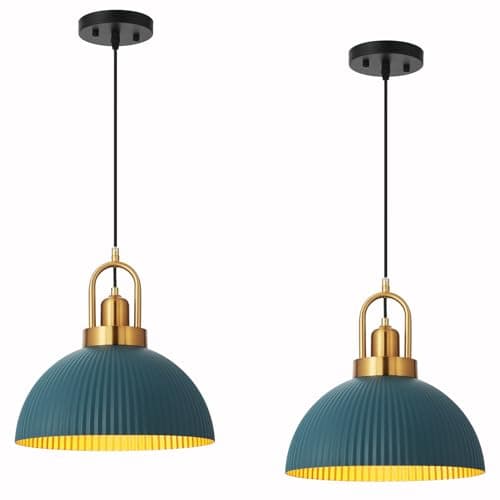 UrrSovv Pendant Lights Kitchen Island Bule and Gold Metal Farmhouse Pendant Light Fixtures 11.8" Industrial Modern Hanging Pendant Lights for Kitchen Island Bedroom Cafe bar Dining Room (Blue, 2pcs) - Image 1