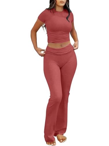 ANRABESS Lounge Sets for Women 2 Piece Foldover Yoga Flare Leggings Pants Crop Tops Casual Y2K Outfits Matching Tracksuit Set Peach X-Large - Image 1