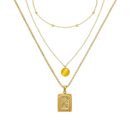Nododugs Gold Layered Necklace for Women 18K Gold Plated for Women Circle Choker Square Letter Pendant Necklace Gold Initial Necklaces Trendy Simple Jewelry Gifts (K, Gold) - Image 1