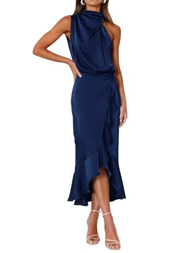 KIRUNDO Women 2026 Spring Summer Satin Mock Neck Wedding Guest Party Cocktail Midi Dress Sleeveless Wrap Ruffle Formal Dress(Dark Blue, Small) - Image 1