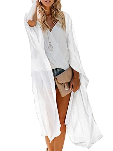 Women's Boho Long Kimono Cardigan Dusters Summer Lightweight Chiffon Sheer Beach Swimsuit Swimwear Bathing Suit Bikini Cover Ups Coverup Plus Size Resort Wear Solid Color White Small - Image 1