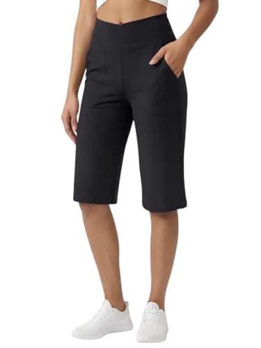 Naimula Crossover Capri Pants for Women 14" Knee Length Wide Leg Yoga Cropped Pants with Pockets Casual Summer Lounge Black - Image 1