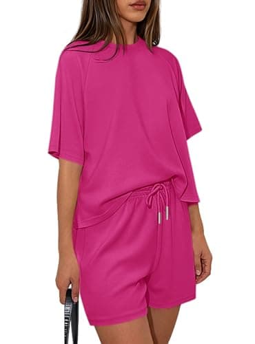 PRETTYGARDEN Women 2 Piece Lounge Sets Short Sleeve Shirts Workout Tops Shorts Matching Clothing 2026 Summer Vacation Outfits (Rose Red,XX-Large) - Image 1