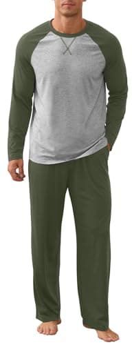 NITAGUT Men's Pajama Set Long Sleeve Sleepwear 2 Piece Loungewear with Pockets Soft Comfy Nightwear,Army green-S - Image 1