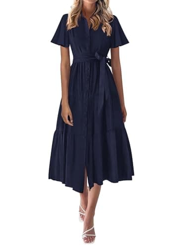 KIRUNDO Summer Button Down Wedding Guest Shirt Dresses for Women Maxi Flutter Short Sleeve Flowy Tiered Beach Sun Dress(Navy, Small) - Image 1