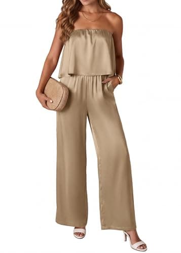 KIRUNDO Jumpsuits For Women Dressy 2026 Casual Tube Top Summer Romper Flowy Satin Strapless One Piece Vacation Outfits(Khaki, Large) - Image 1