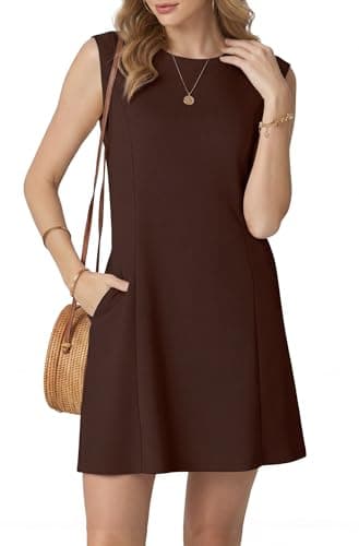 HiMONE Women Sleeveless Mini Dresses Crew Neck A Line Pullover Casual Dress for Office Work Party(Dark Coffee-2XL) - Image 1