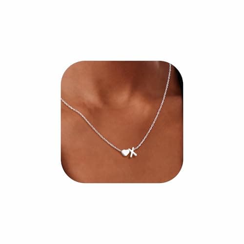Fohufo 14K Silver Plated Heart Initial Necklaces for Women - Dainty Heart Necklaces, Tiny Initial Necklace, Birthday Gifts for Women Jewelry, Letter X - Image 1