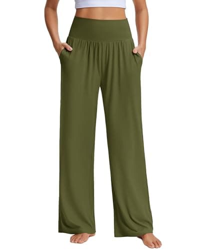 Stelle Wide Leg Palazzo Pants for Women Casual Loose High Waisted Lounge Pajama Pants with Pockets 26/28/30 Inseam Green - Image 1