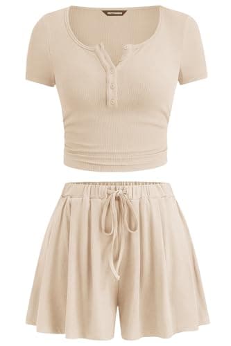PRETTYGARDEN 2 Piece Sets For Women Summer Short Sleeve Button Up Shirts Drawstring Elastic Waist Shorts Lounge Set 2026(Beige,XX-Large) - Image 1