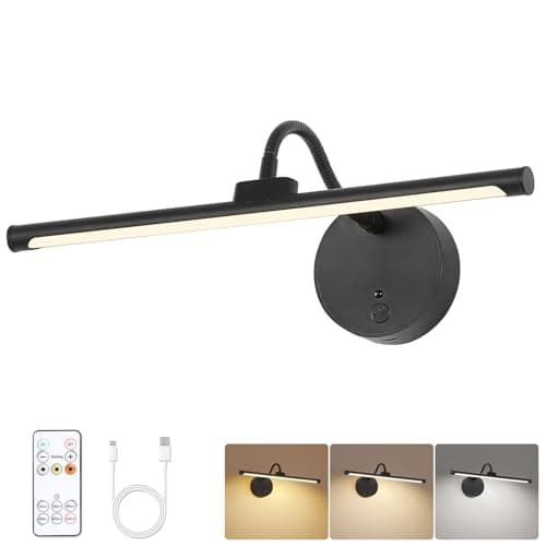 Wireless Picture Light, Magnetic Rechargeable LED Painting Light with Remote, Battery Operated Wall Art Light, 3 Color Temperatures, Dimmable Flexible Gooseneck Gallery Light for Frames, Black