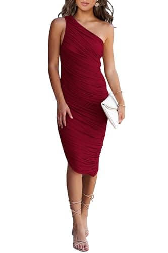 PRETTYGARDEN One Shoulder Dresses for Women 2025 Summer Ruched Mesh Asymmetrical Cocktail Wedding Guest Bodycon Dress (Wine Red,Large) - Image 1