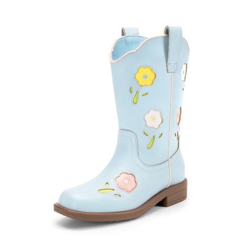DREAM PAIRS Girls Cowboy Cowgirl Boots Floral Embroidered Western Square Toe Mid Calf Toddler Little Big Kid for Birthday Party Concert,Size 12 Little Kid,Light Blue,KKUMMB2503 - Image 1