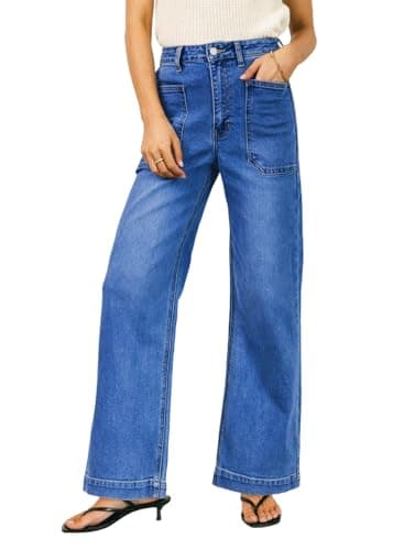 EVALESS Womens Jeans Trendy High Waisted Wide Leg Stretchy Boyfriend Baggy Denim Pants Dark Blue Size 12 - Image 1