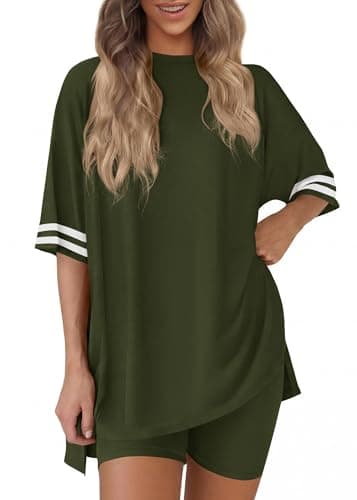 KIRUNDO Women's 2 Piece Lounge Set Airport Travel Outfit 2026 Summer Oversized Shirts Matching Biker Shorts Fashion Clothing(Army Green, Small) - Image 1