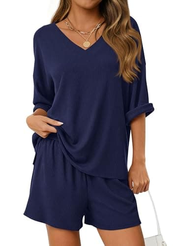PRETTYGARDEN Womens 2 Piece Sets 2026 Oversized Vneck Half Sleeve Tops Shorts Lounge Set Casual Summer Travel Beach Outfits (Navy Blue,Large) - Image 1