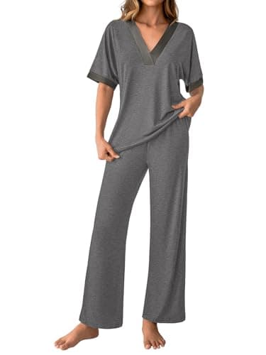 GKBK Womens Two Piece Outfits Pajama Sets 3/4 Dolman Sleeve V Neck Sleepwear Nightwear Loungewear Matching Pjs 2 Piece Lounge Set Lightweight Fall Fashion Ooutfit Dark Gray L - Image 1