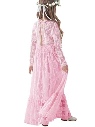 ALLOVIN Toddler & Girls Long Sleeve Lace Flower Girl Dress Maxi Boho A-Line Dress for Wedding Baptism 1st Communion | Pink | 6-7Y - Image 1