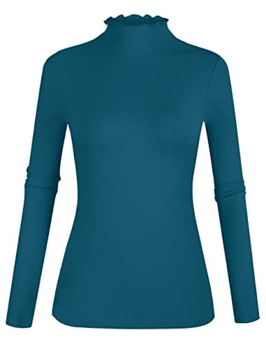 Women's Lettuce Trim Mock Turtleneck Top Long Sleeve Slim Fit Ribbed Knit Tee Shirt (Blue-22, Medium) - Image 1