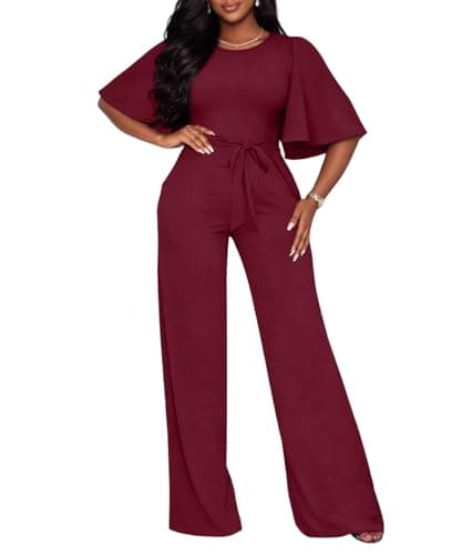 ABKY Jumpsuits For Women Dressy Batwing Sleeve Belted Wide Leg Romper Formal Wedding Evening Party Jumpsuit One Piece Outfits Burgundy XL - Image 1
