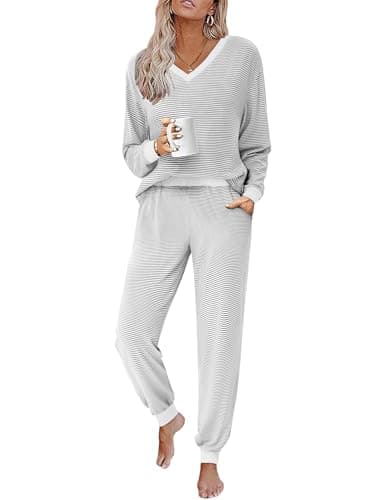 JUSTFASHIONNOW Women's Pajama Sets 2 Piece Striped Lounge Sets Long Sleeve Tops and Pants Soft Sleepwear Pjs 2025 Travel Airplane Outfits(Gray,X-Large - Image 1