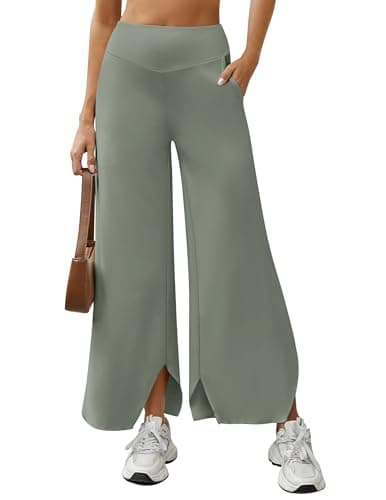 LOOKBOHO Flowy Pants for Women Wide Leg High Waisted Palazzo Boho Beach Flared Yoga Pants with Pockets Grey Sage M - Image 1