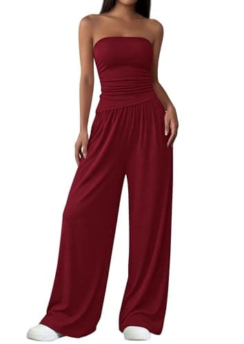 PRETTYGARDEN Summer Sets Women 2 Piece Outfits Asymmetrical Tube Tops and Pants Beach Vacation Airport Matching Lounge Set(Wine Red,X-Large) - Image 1