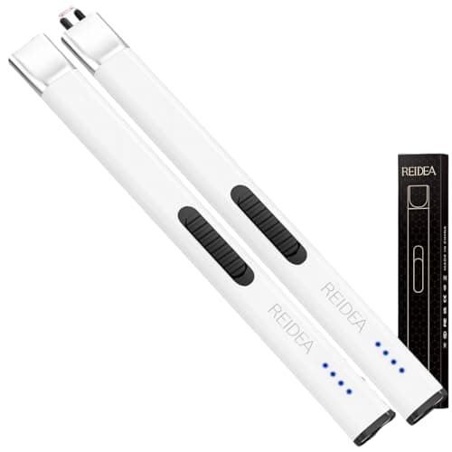 REIDEA Lighters 2 Pack R1 Flat Electronic Candle Lighter, Windproof Flameless USB Rechargeable Arc Lighter with Safe Button and Power Indicator for Candle, BBQ and Fireworks, White - Image 1