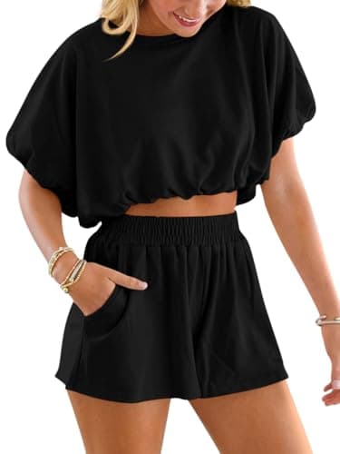 Jenisso Womens 2 Piece Sets Summer Bubble Crop Tops and Shorts Lounge Set 2026 Travel Outfits Clothing - Image 1