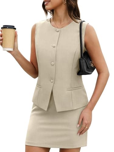 Casly Lamiit Two Piece Blazer Outfits for Women Summer Vest Suits Set Skirt with Shorts Skort Button Down Business Dressy Casual Wear Beige S - Image 1