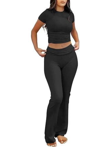 ANRABESS Lounge Sets for Women 2 Piece Foldover Yoga Flare Leggings Pants Crop Tops Casual Y2K Outfits Matching Tracksuit Set Black Medium - Image 1