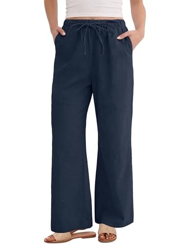 ANRABESS Women's Wide Leg Palazzo Pants Summer Elastic Waist Loose Casual Lounge Travel Pants Spring Trousers with Pockets Navy Blue Small - Image 1