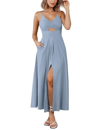 BTFBM Women 2026 Spaghetti Strap Midi Summer Dresses Sleeveless V Neck Cutout Slit Casual Beach Party Maxi Dress Pockets(Grey Blue, XX-Large) - Image 1