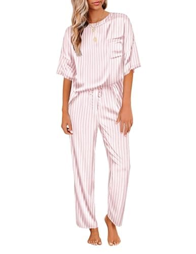 Ekouaer Pink Pajama Satin Pjs Lounge Sets Womens Long Pajama Pant Set Short Sleeve Loungewear Silk Two Piece Sleep Set Silk Pant Set Stripes Pink M - Image 1