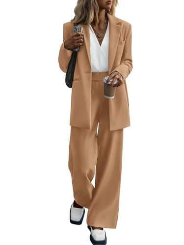 KIRUNDO Women Suits 2 Piece Set Business Casual Dressy Oversized Blazer Jacket and Wide Leg Dress Pantsuits Formal Outfits(Khaki, Medium) - Image 1
