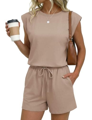Ekouaer Women's Romper with Pockets Summer Short Jumpsuit Casual Cap Sleeve Drawstring One Piece Lounge Vacation Beach Outfit - Image 1
