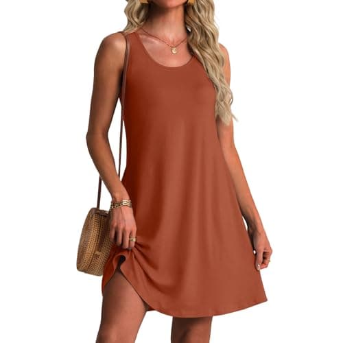 FREEOAK Womens Dresses Brown Red - A-Line Summer Beach Vacation Clothes with Pockets Sleeveless V Neck Cute Flowy Sundress - Image 1