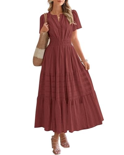 BTFBM Womens Summer 2026 Casual Midi Maxi Dresses Lightweight Short Sleeve V Neck Elastic Waist Boho Beach Dress Pockets(Brown Red, Medium) - Image 1