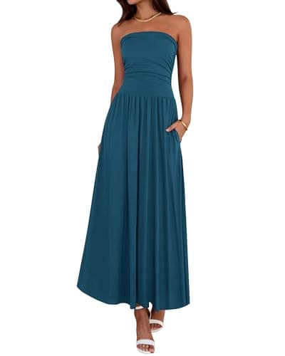 BTFBM Summer Maxi Dresses for Women 2026 Strapless Ruched Tube Top Beach Vacation Spring Wedding Guest Dress Pockets(Dark Blue, Large) - Image 1