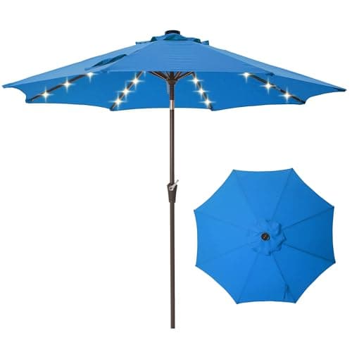 Tioline 9FT Solar-Powered LED Patio Umbrella with Tilt Crank,Outdoor Market Umbrella with 32 Lights,Sunshade for Deck, Garden and Pool,Blue - Image 1