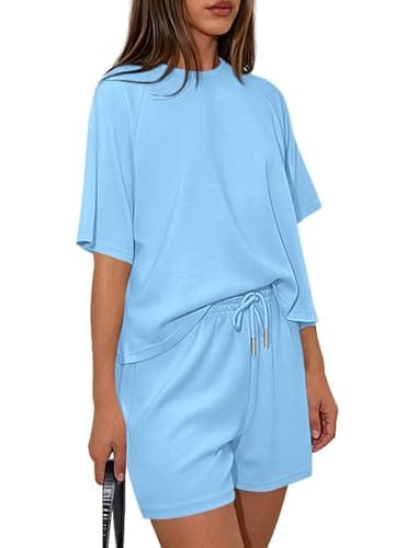 PRETTYGARDEN Women 2 Piece Lounge Sets Short Sleeve Shirts Workout Tops Shorts Matching Clothing 2026 Summer Vacation Outfits (Light Blue,Medium) - Image 1