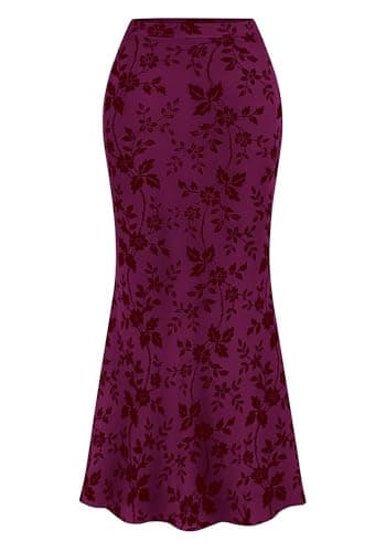 BTFBM Womens Floral Mesh Maxi Skirt 2026 Spring Summer Elastic High Waisted Boho Elegant Mermaid Long Skirts for Women(Purple Red, Medium) - Image 1