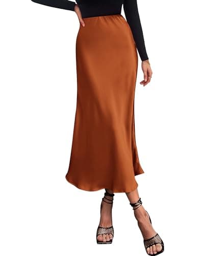 BTFBM 2026 Womens Spring Summer Long Satin Skirt Silk Elegant High Waist Cocktail Party Wedding Flowy A-Line Midi Skirts(Rust Red, Large) - Image 1
