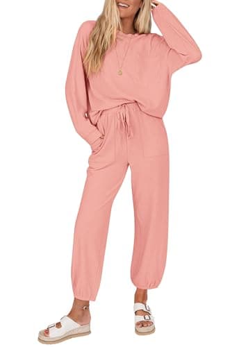 KIRUNDO Lounge Sets for Women 2026 Spring Airport Travel Outfits Ribbed Knit Tops Jogger Pants Tracksuit Postpartum Comfy Set(Pink, Medium) - Image 1