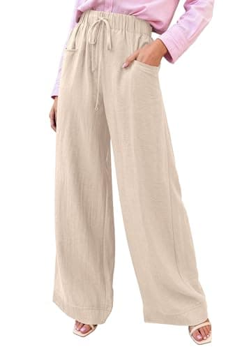 KIRUNDO Wide Leg Palazzo Pants for Women Summer High Waist Flowy Casual Trousers Lounge Pants Beach Vacation Travel Outfits (Beige, Large) - Image 1