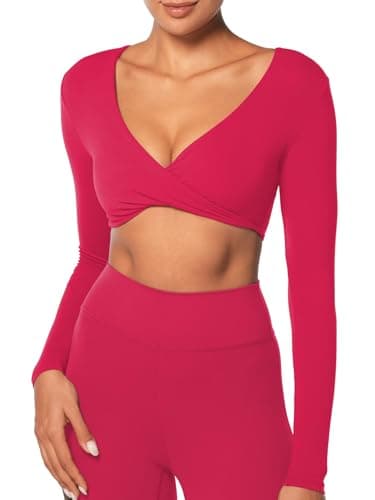 Sunzel Long Sleeve Workout Tops for Women Buttery Soft Deep V Twist Cropped Tops with Compression for Yoga Pilates Gym Outfit Viva Magenta Large - Image 1