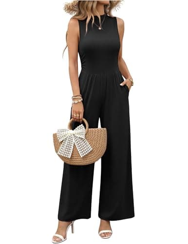 Ekouaer Summer Jumpsuits for Women Casual Mock Neck One Piece Outfits Sleeveless Formal Wide Leg Pants Romper with Pockets - Image 1