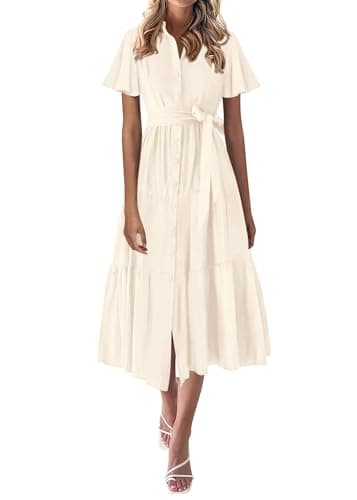 KIRUNDO Summer Button Down Wedding Guest Shirt Dresses for Women Maxi Flutter Short Sleeve Flowy Tiered Beach Sun Dress(Beige, X-Large) - Image 1
