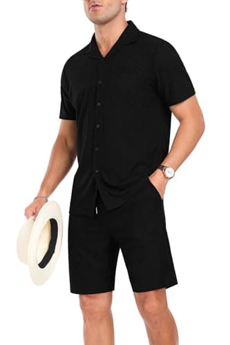 PrinStory Mens Short Sleeve Outfits 2 Piece Summer Beach Button Down Shirts and Shorts Set Tracksuit with Pockets Black-3XL - Image 1
